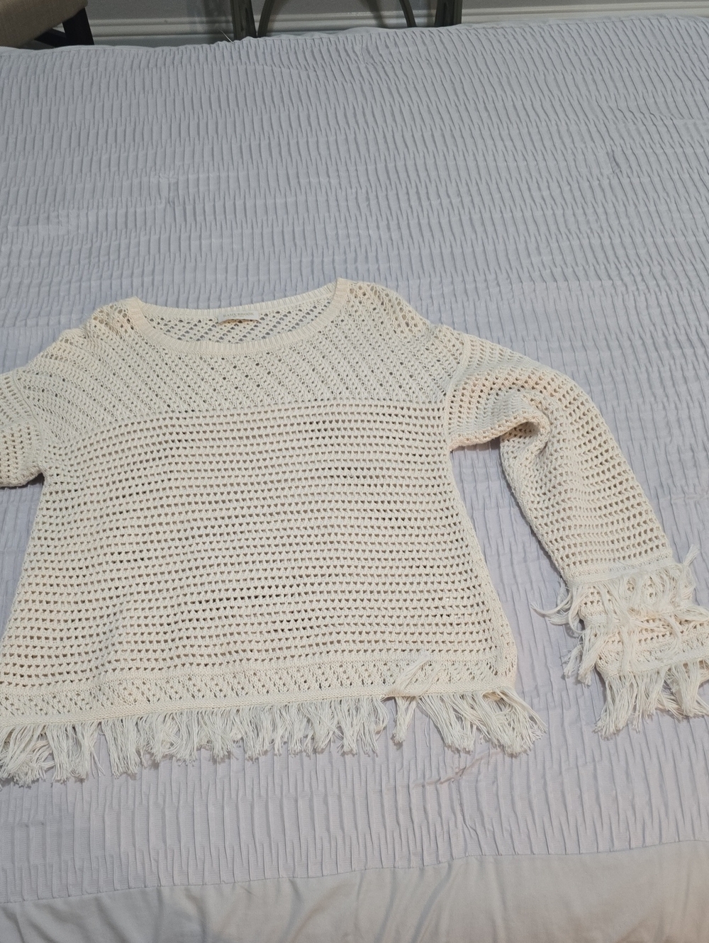 Ramy Brook Cream Crochet Fringe Scoop Neck Sweater Top
